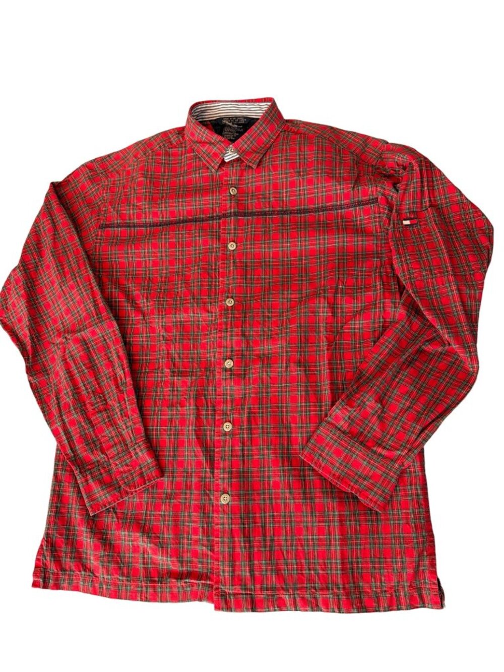 Vintage Tommy Hilfiger Red Plaid Long Sleeve Pocket Flag Button Down Shirt Sz L
